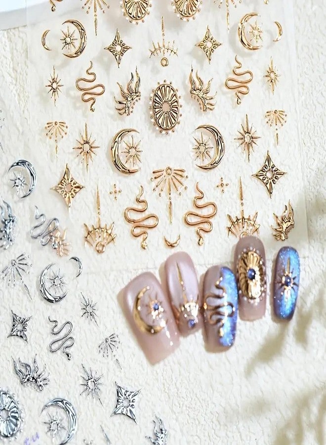 SPLOCUDU 2 Sheets Gold Boho Nail Stickers for Nail Art Gold Star Moon Sun Snake Nail Decals 5D Embossed Nail Art Decals Self-Adhesive Stickers for DIY Nails Art Decoration - Image 1